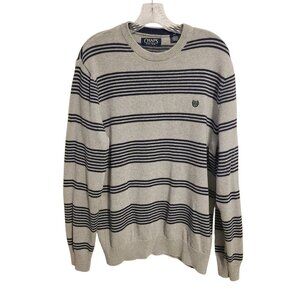 Chaps | Men's Blue and Gray Striped Cotton Crewneck Sweater (Size Large)